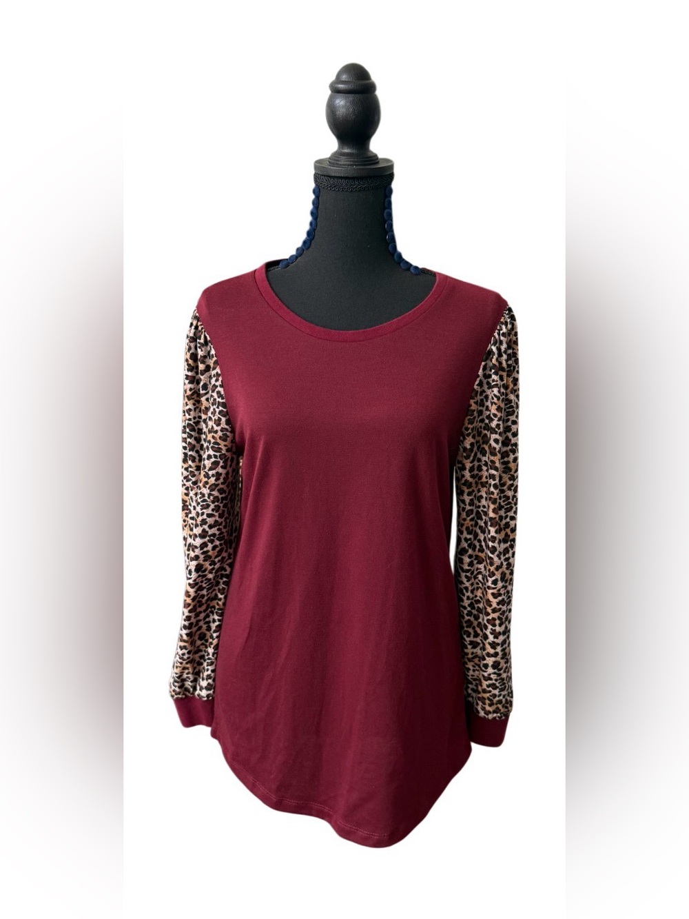 Sunshine & Rodeos Women’s Burgundy Leopard Sleeve Long-Sleeve Top